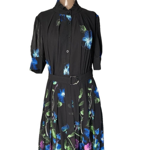 NEW GRACIA Women’s Floral Maxi Dress Black Size M Blue Purple Print Belted Fit